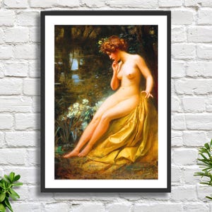 Rudolf Fuchs, "Il Re delle Rane", artista austriaco, mitologia romantica, opera d'arte nudista, decorazione da parete gialla, stampa giclée o stampa incorniciata. Regalo ideale.