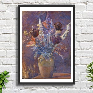 Karl Schou 'Tonvase mit Tulpen und anderen Blumen' dänischer Künstler Stillleben Blumen Blumendruck grau Wanddekoration gerahmter Druck