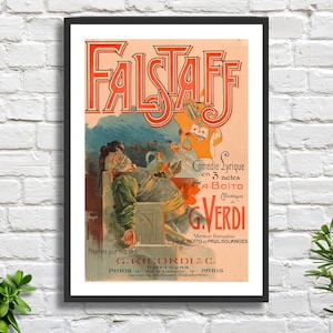 Manifesto pubblicitario d'epoca in stile Art Nouveau per opera/teatro, 'Falstaff', dell'artista tedesco Adolfo Hohenstein, 1894, stampa giclée o stampa giclée incorniciata