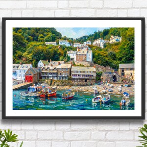 Clovelly, Devon, suroeste de Inglaterra: Lámina decorativa de pared con diseño de pueblo costero y puerto marítimo.