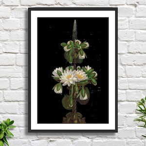 Fiori Natura morta floreale 'Ninfee bianche in una fontana a due livelli su sfondo nero' stampa giclée o stampa giclée incorniciata. Regalo ideale.