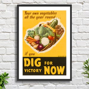 Cartel publicitario vintage de la Segunda Guerra Mundial "Dig for Victory Now" de Norman Badgley Wilson. Póster de cocina amarillo de artista estadounidense. Impresión giclée o impresión enmarcada.