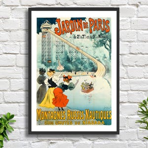 Manifesto francese d'epoca di Georges Meunier "Montagne russe sull'acqua chiamate Cascate del Niagara", stampa giclée/stampa incorniciata del 1895 con raffigurazione di montagne russe.