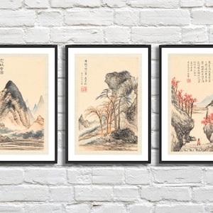 Set di 3 stampe beige dell'artista cinese Pan Gongshou, tratte dal suo libro "Paesaggi da Antichi Maestri", disponibili con o senza cornice. Un regalo ideale.