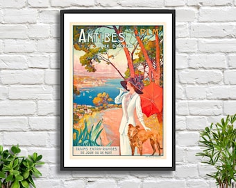 Cartel de viaje vintage de Antibes Costa Azul: Impresión Art Nouveau Giclee