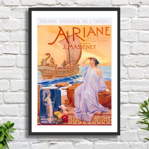 Pôster vintage de ópera francesa Albert Pierrer-Rene Maignan 'Ariane' Jules Massenet Pôster de ópera da mitologia grega, impressão giclée ou impressão emoldurada.