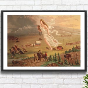 John Gast 'American Progress' 1873 Artista americano, opera d'arte raffigurante la mitologia del selvaggio West con cowboy, cavalli e carri, stampa giclée o stampa incorniciata.