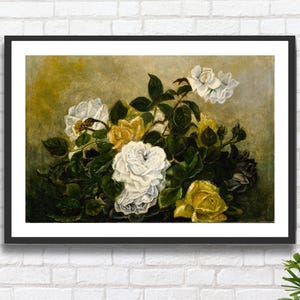 Robert Seldon Duncanson, "Natura morta con rose", fiori bianchi e gialli. Artista americano, stampa giclée floreale o stampa incorniciata. Ideale come regalo.