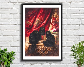 Stampa giclée "Tre gatti neri" di Carl Kahler: opera d'arte austriaca raffigurante animali.