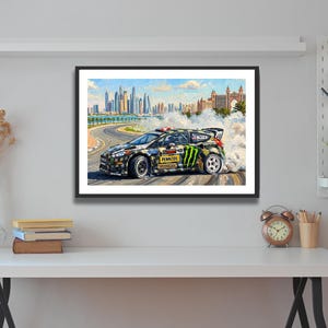 Ken Block Hoonigan Ford Fiesta ST RX43: Gymkhana 8 Dubai Impressionist Impasto Motorsport Print in a black frame hanging in a home office