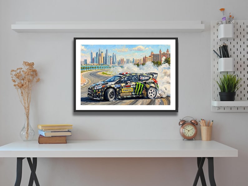 Ken Block Hoonigan Ford Fiesta ST RX43: Gymkhana 8 Dubai Impressionist Impasto Motorsport Print in a black frame hanging in a home office