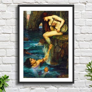 John William Waterhouse, "La Sirena", decorazione da parete blu, artista inglese, mitologia romantica, paesaggio marino, stampa giclée o stampa incorniciata. Regalo ideale.