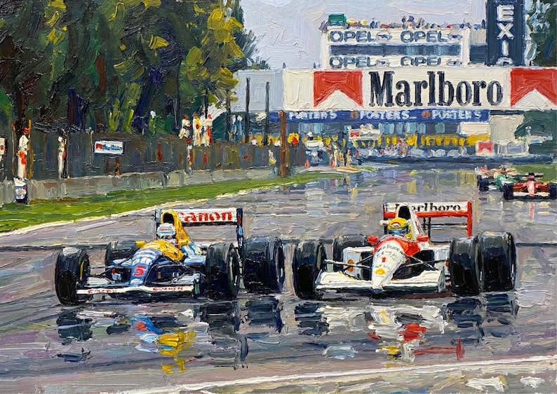 Puede incluir: Pintura al &oacute;leo de una carrera de F&oacute;rmula 1. Dos coches en primer plano, con el letrero de Marlboro al fondo. La pista est&aacute; mojada, reflejando los coches y el cielo.