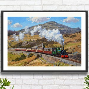 May include: An oil painting depicting a green and black steam train with red and white carriages. The train travels along tracks through a mountainous landscape, with white smoke against a blue sky with clouds.