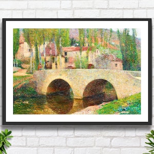 Henri Martin 'Il ponte di Labastide-du-Vert', artista impressionista francese, arte paesaggistica, decorazione murale beige-verde, stampa giclée/stampa incorniciata.