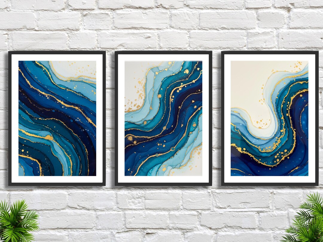 Set of 3 Blue and Gold Abstract Prints: Ocean Wave Modern Home Décor - Etsy