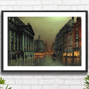 Louis Grimshaw (figlio di John Atkinson Grimshaw) 'The Mansion House, Londra' Stampa giclée o stampa incorniciata raffigurante una scena urbana notturna in stile paesaggistico.