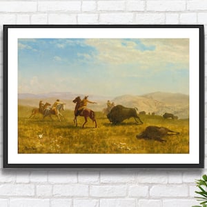 Albert Bierstadt, "Il selvaggio West", cowboy e bufali nella prateria. Artista americano, stampa giclée o stampa incorniciata. Regalo ideale.