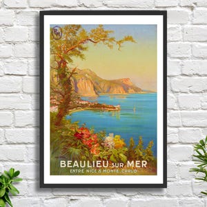 Cartel de viaje francés vintage de Pierre Comba/ P.L.M. - 'Beaulieu sur mer' (cerca de Niza y Monte Carlo), impresión giclée o impresión giclée enmarcada.
