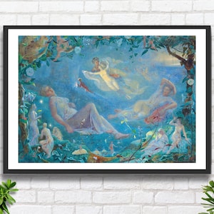 John Simmons 'Titania addormentata; una scena da Sogno di una notte di mezza estate', stampa artistica da parete con cornice o raffigurante una mitologia romantica, colore blu.