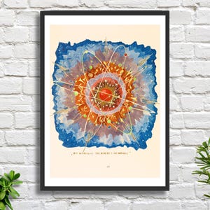 May include: A vintage illustration of a colorful, abstract atom with a red center and swirling blue, orange, and yellow lines. The text "We might light the universe with our minds" is printed below the image.