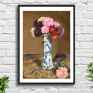 Sir George Clausen 'Asters' (fiori) - Natura morta floreale con fiori rossi e rosa, stampa giclée o stampa incorniciata. Ideale come regalo di compleanno o di ringraziamento.