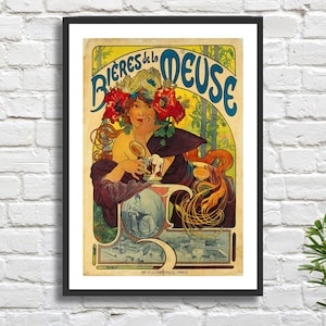 Alphonse Mucha 'Bières De La Meuse', 1897, manifesto pubblicitario di una birra francese d'epoca, stampa giclée o stampa incorniciata di un poster da cucina di un artista ceco.