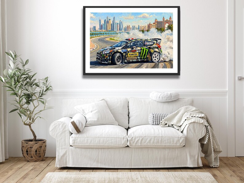 Ken Block Hoonigan Ford Fiesta ST RX43: Gymkhana 8 Dubai Impressionist Impasto Motorsport Print in a black frame hanging in a living room