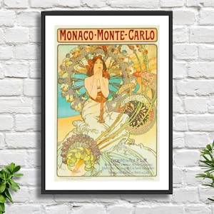 Alphonse Mucha 'Monaco, Monte Carlo. P.L.M. 1897 Tschechische Künstler beige Vintage Eisenbahn Werbeplakat Giclée-Druck / gerahmter Druck.