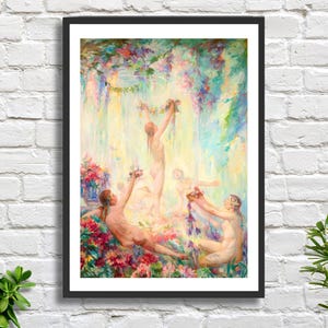 Jean Ubaghs 'Le fanciulle di primavera' artista belga mitologia romantica decorazione da parete bianca ninfe e fiori stampa giclée o stampa incorniciata.