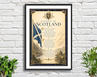 Puede incluir: Una lámina enmarcada con la letra de Flower of Scotland, una bandera escocesa azul y blanca, un escudo dorado con corona y león, y una ilustración de un castillo junto a un lago sobre un fondo crema con un borde de tartán azul.