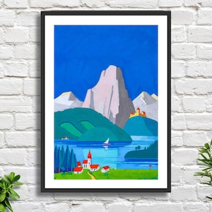 Karl Wiener "Österreich" (Austria) 1943 Artista austriaco Paesaggio alpino blu, decorazione da parete, stampa giclée o stampa incorniciata. Regalo ideale.