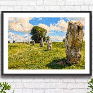 May include: A framed art print featuring an oil painting style landscape of a grassy field with several large, weathered standing stones arranged in a line under a bright blue sky with white clouds and a large green tree in the background.