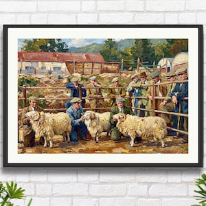Peut inclure: Peinture encadrée représentant un groupe d'hommes observant des moutons dans un enclos. L'œuvre présente une scène rurale avec une grange et des collines en arrière-plan. Les hommes portent des chapeaux et des manteaux, et les moutons ont une épaisse toison.