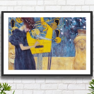Gustav Klimt "La Musica" 1895 Artista austriaco Mitologia romantica Art Nouveau Blu e oro Decorazione murale Stampa giclée/stampa incorniciata. Regalo ideale.