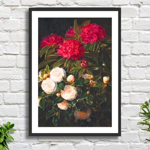 Johan Laurentz Jensen 'Kamelier Og Rhododendron' artista danese, natura morta floreale, stampa giclée o stampa giclée incorniciata, regalo di compleanno ideale