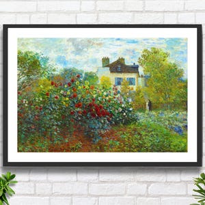 Claude Monet "Il giardino dell'artista ad Argenteuil (Un angolo del giardino con dalie)", stampa giclée o stampa incorniciata di un'opera d'arte paesaggistica francese.