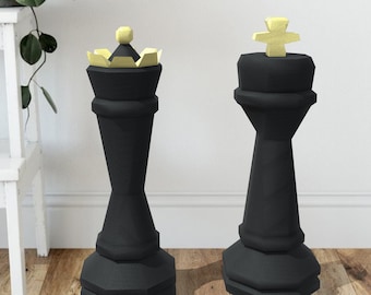 King and Queen Giant Chess pieces 3D papercraft. You get SVG, PDF digital file templates & instruction for this DIY modern paper decoration