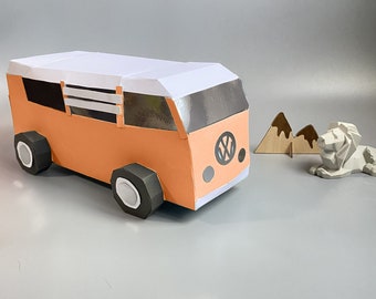 Camper Van 3D Papercraft. Lowpoly Paper, get PDF digital file template and instructions, DIY modern paper sculpture.
