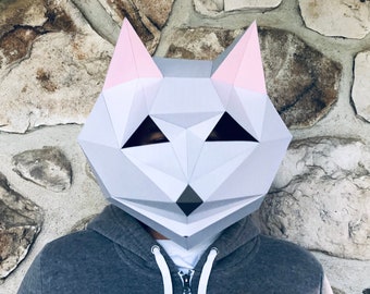 Katzen Maske 3D Papercraft. Sie erhalten eine SVG, PDF digitale Datei Vorlage Schnittmuster und eine Anleitung für diese Modell DIY 3D Papercraft Low Poly Papier Maske.