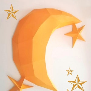Moon and Star on wall 3D Papercraft model. You get SVG and PDF digital file templates and instructions for these DIY modern paper sculpture.