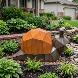Peut inclure: Une sculpture métallique géométrique en forme d'escargot avec une grande coquille facettée de couleur rouille et un corps sombre et anguleux. La sculpture est composée de multiples plaques métalliques plates soudées, créant un design net.