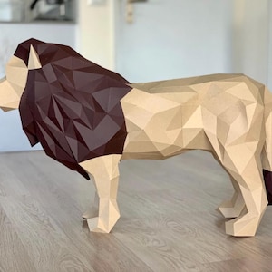 ライオンの3Dペーパークラフト。このDIYモダンペーパー彫刻のSVGおよびPDFデジタルファイルテンプレートと説明書が付属します。