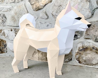 Shiba Akita Inu dog curly tail 3D Papercraft. Get PDF digital file template and instructions for this DIY Paper Dog modern Paper Sculpture.