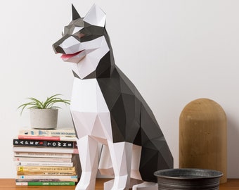 Husky dog papercraft. You get a PDF digital file templates and instructions for this DIY (do it yourself) modern lowpoly paper sculpture.