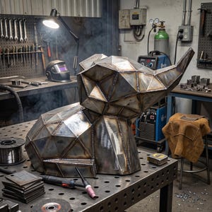 May include: A geometric metal sculpture of an elephant head and torso, constructed from welded steel plates with visible seams. The sculpture features a faceted, angular design with a metallic finish, positioned on a perforated industrial workbench.
