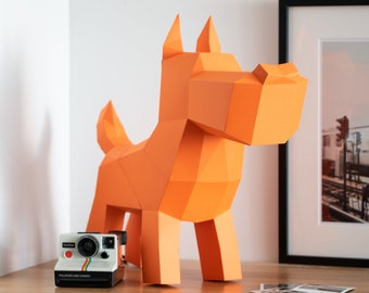 cartoon dog papercraft. You get a PDF digital file template and instructions for this DIY (do it yourself) modern paper sculpture.