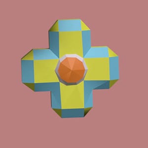 May include: A yellow and blue geometric cross with an orange center. The cross is made of paper and has a 3D effect.