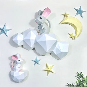 Mouse on cloud with star 3D Papercraft  Get this nursery scene 3D SVG and PDF digital file templates for this DIY modern paper room decor