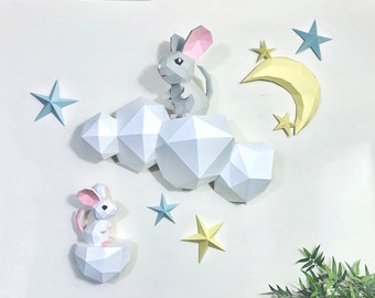 Mouse on cloud with star 3D Papercraft  Get this nursery scene 3D SVG and PDF digital file templates for this DIY modern paper room decor